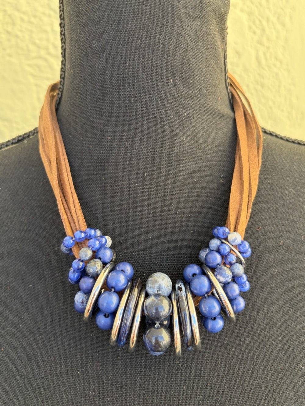 Chico's Blue Bead Necklace with Brown Suede Strands